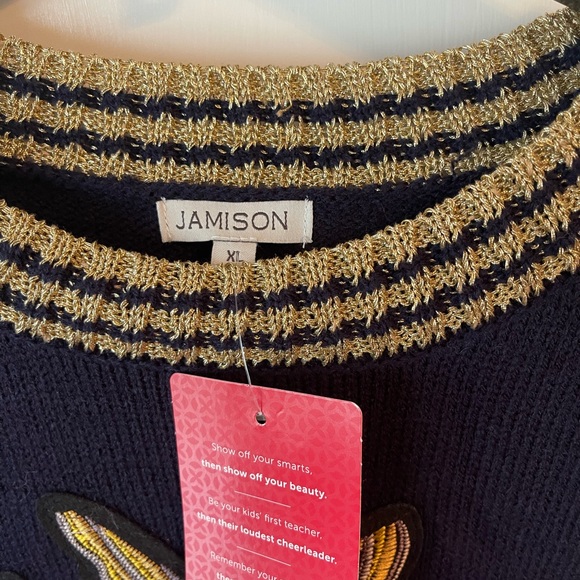 Evereve NWT sweater navy with red green band appliquéd embroidered flowers XL - Picture 3 of 4